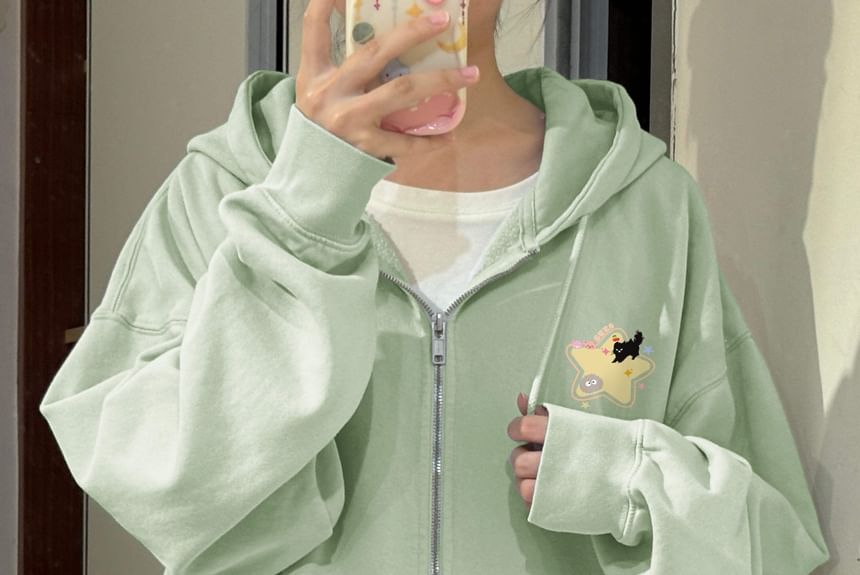 Star Print Zip Oversized Hoodie SpreePicky