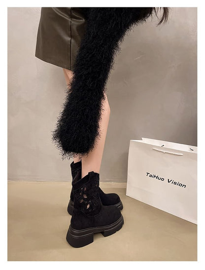 Platform Embroidered Cutout Short Boots SpreePicky