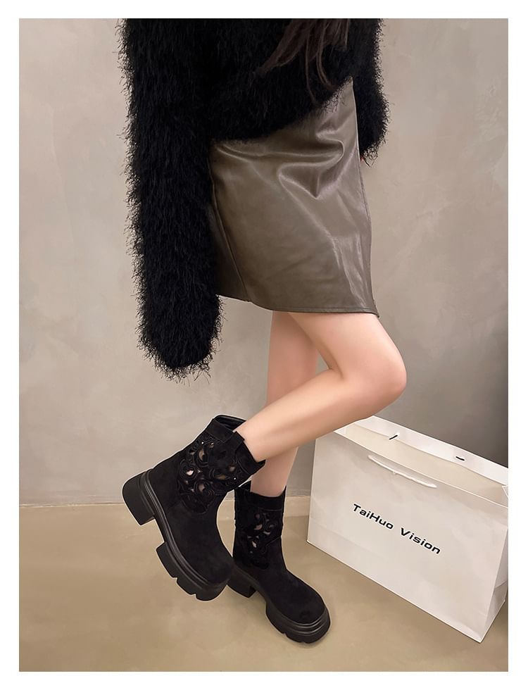 Platform Embroidered Cutout Short Boots SpreePicky