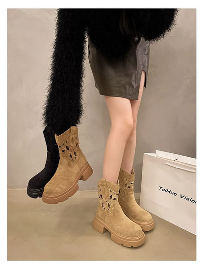 Platform Embroidered Cutout Short Boots SpreePicky