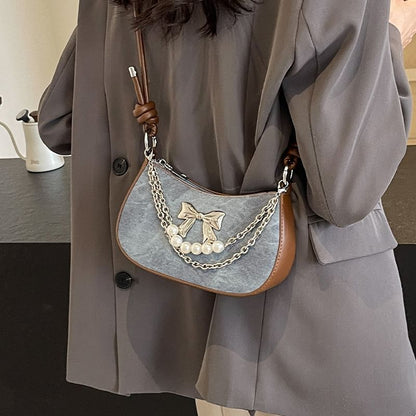 Faux Pearl Chained Bow Shoulder Bag SpreePicky