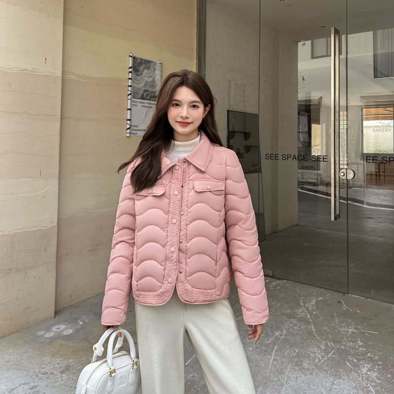 Collar Plain Wavy Button Puffer Jacket SpreePicky