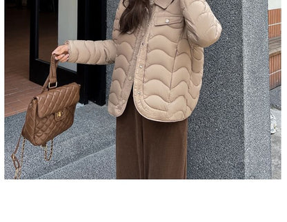 Collar Plain Wavy Button Puffer Jacket SpreePicky