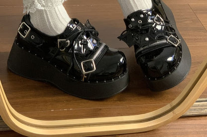 Platform Buckled Zipped Lace-Up Patent Leather Shoes SpreePicky