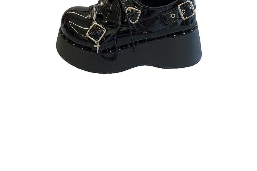 Platform Buckled Zipped Lace-Up Patent Leather Shoes SpreePicky