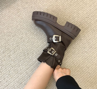 Platform Plain Grommet Buckled Faux Leather Short Boots SpreePicky