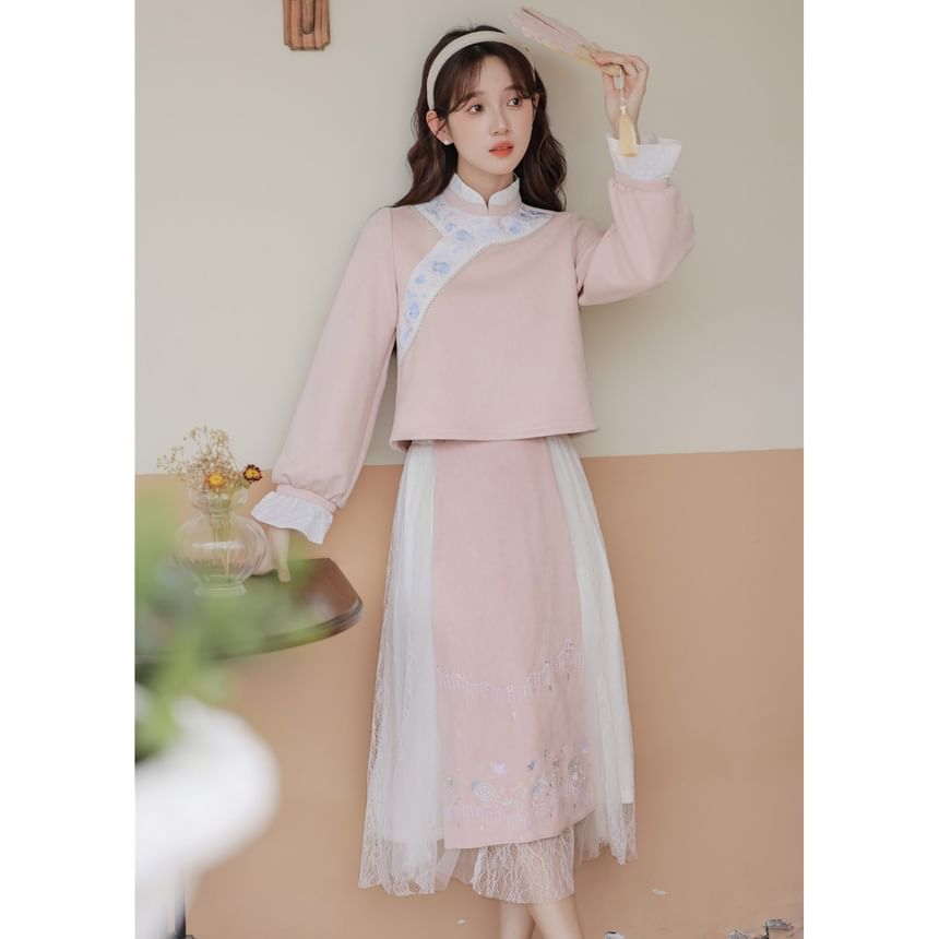 Set: Long-Sleeve Embroidered Flower Hanfu Top + Mid Rise Plain Lace Midi A-Line Skirt SpreePicky