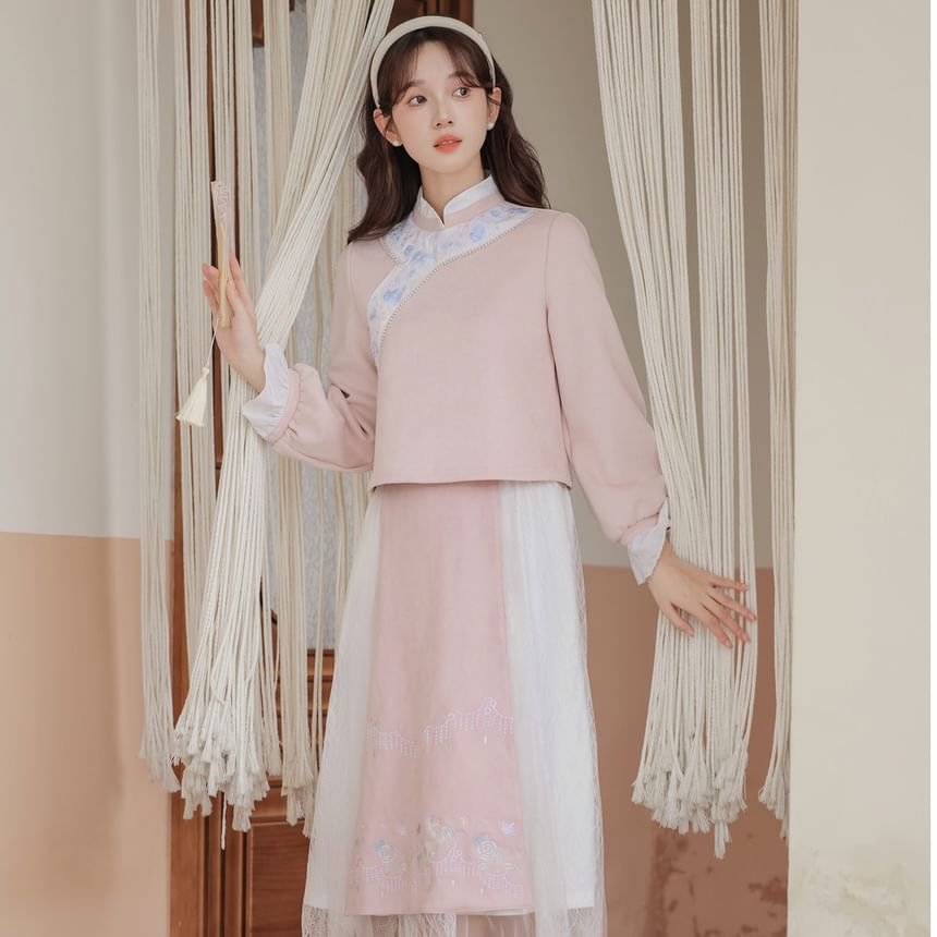 Set: Long-Sleeve Embroidered Flower Hanfu Top + Mid Rise Plain Lace Midi A-Line Skirt SpreePicky