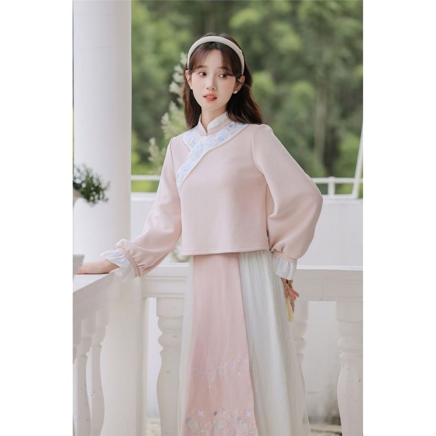 Set: Long-Sleeve Embroidered Flower Hanfu Top + Mid Rise Plain Lace Midi A-Line Skirt SpreePicky