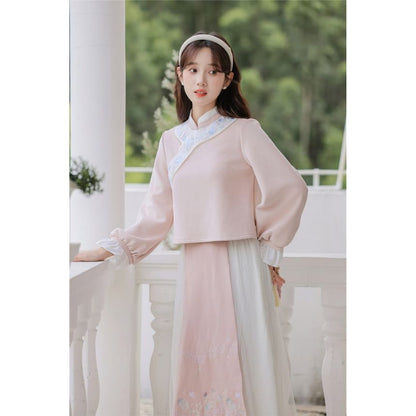 Set: Long-Sleeve Embroidered Flower Hanfu Top + Mid Rise Plain Lace Midi A-Line Skirt SpreePicky