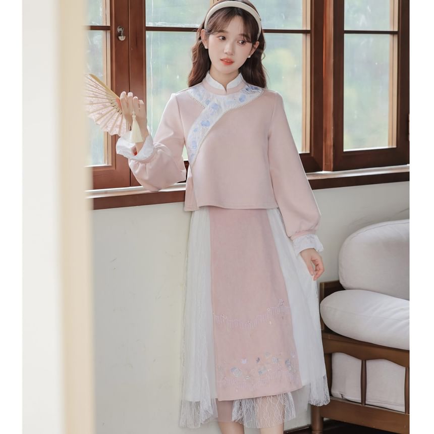 Set: Long-Sleeve Embroidered Flower Hanfu Top + Mid Rise Plain Lace Midi A-Line Skirt SpreePicky