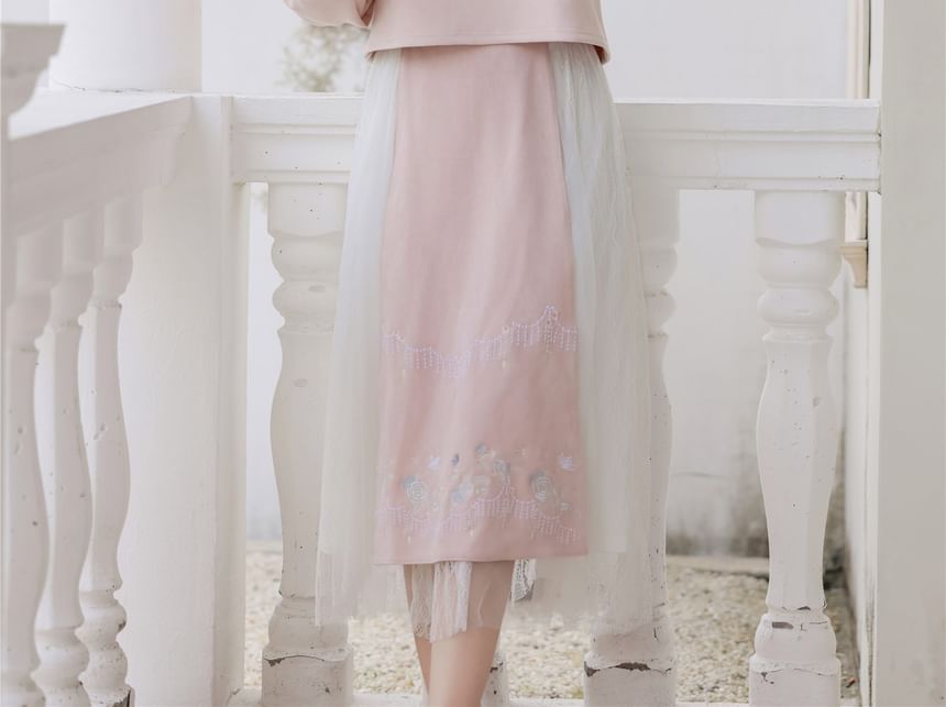 Set: Long-Sleeve Embroidered Flower Hanfu Top + Mid Rise Plain Lace Midi A-Line Skirt SpreePicky