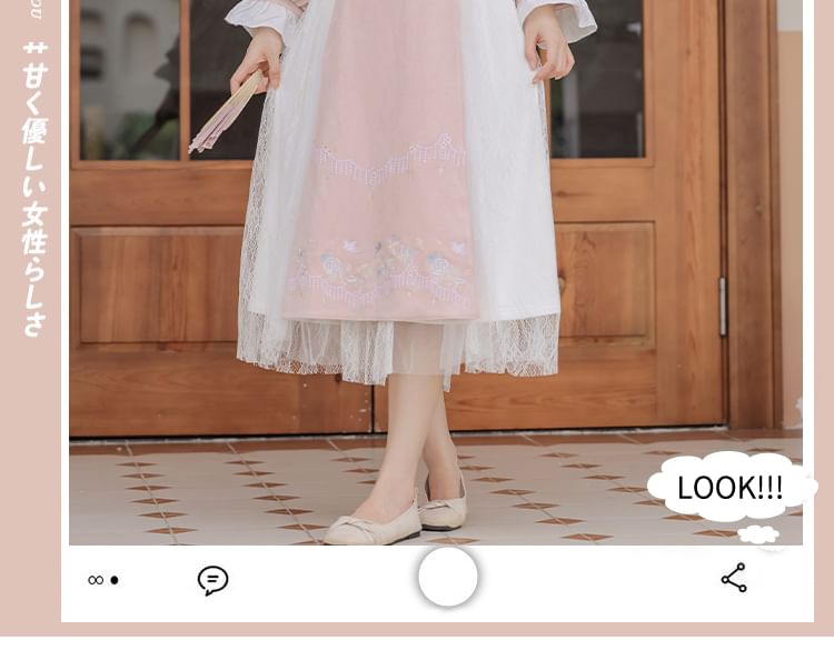 Set: Long-Sleeve Embroidered Flower Hanfu Top + Mid Rise Plain Lace Midi A-Line Skirt SpreePicky