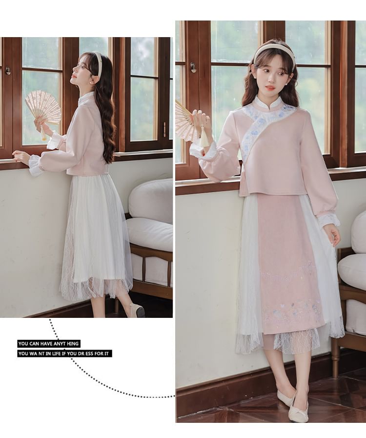 Set: Long-Sleeve Embroidered Flower Hanfu Top + Mid Rise Plain Lace Midi A-Line Skirt SpreePicky