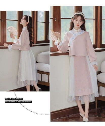 Set: Long-Sleeve Embroidered Flower Hanfu Top + Mid Rise Plain Lace Midi A-Line Skirt SpreePicky