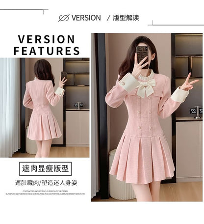 Long Sleeve Stand Collar Bowknot Tweed Mini Pleated A-Line Dress SpreePicky