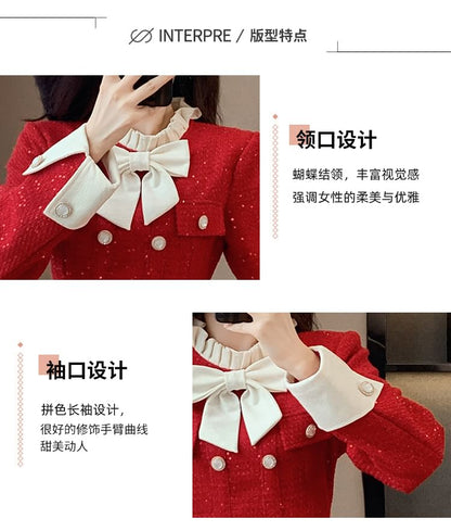 Long Sleeve Stand Collar Bowknot Tweed Mini Pleated A-Line Dress SpreePicky