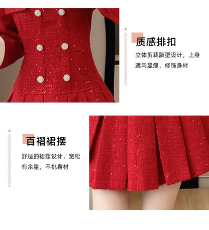 Long Sleeve Stand Collar Bowknot Tweed Mini Pleated A-Line Dress SpreePicky