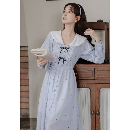 Peter Pan Collar V-Neck Bowknot Striped Midi A-Line Dress SpreePicky