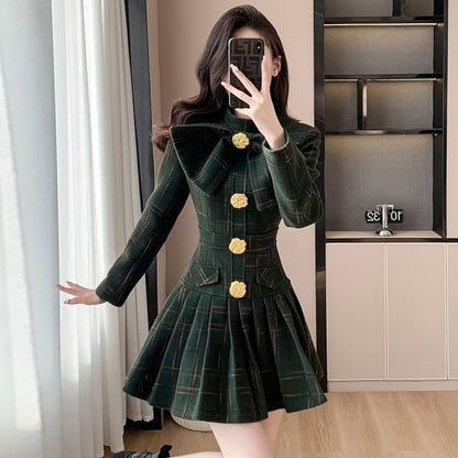 Long Sleeve Stand Collar Bowknot Plaid Pleated Mini A-Line Dress SpreePicky