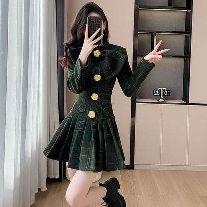 Long Sleeve Stand Collar Bowknot Plaid Pleated Mini A-Line Dress SpreePicky