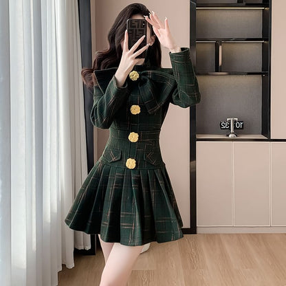 Long Sleeve Stand Collar Bowknot Plaid Pleated Mini A-Line Dress SpreePicky