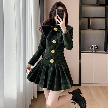 Long Sleeve Stand Collar Bowknot Plaid Pleated Mini A-Line Dress SpreePicky