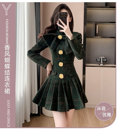 Long Sleeve Stand Collar Bowknot Plaid Pleated Mini A-Line Dress SpreePicky