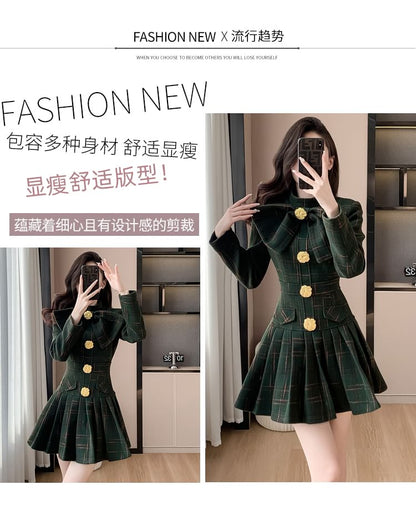 Long Sleeve Stand Collar Bowknot Plaid Pleated Mini A-Line Dress SpreePicky