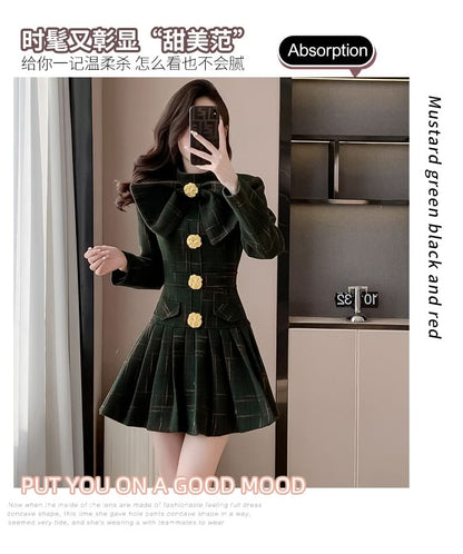 Long Sleeve Stand Collar Bowknot Plaid Pleated Mini A-Line Dress SpreePicky