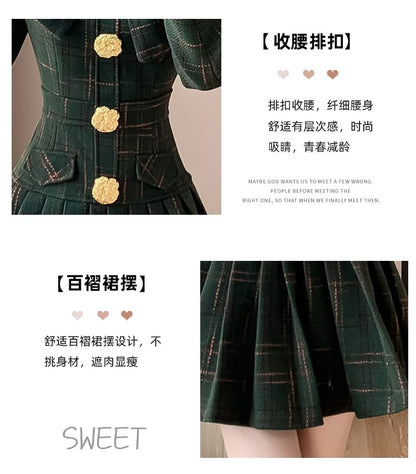 Long Sleeve Stand Collar Bowknot Plaid Pleated Mini A-Line Dress SpreePicky