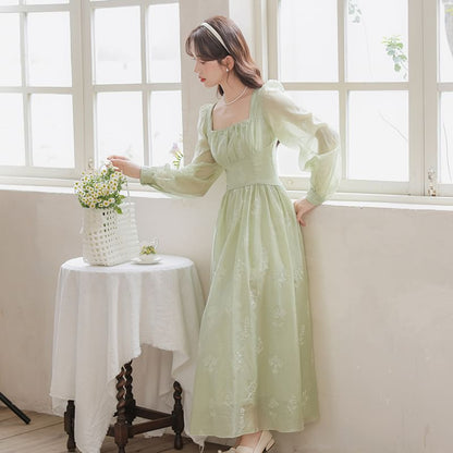 Square Neck Long Sleeve Embroidered Midi A-Line Dress SpreePicky