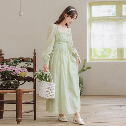 Square Neck Long Sleeve Embroidered Midi A-Line Dress SpreePicky