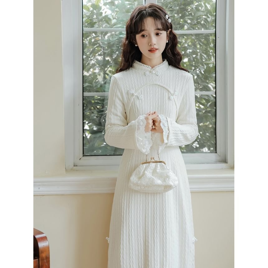 Long Sleeve Stand Collar Plain Lace Trim Ribbed Knitted Midi A-Line Dress SpreePicky