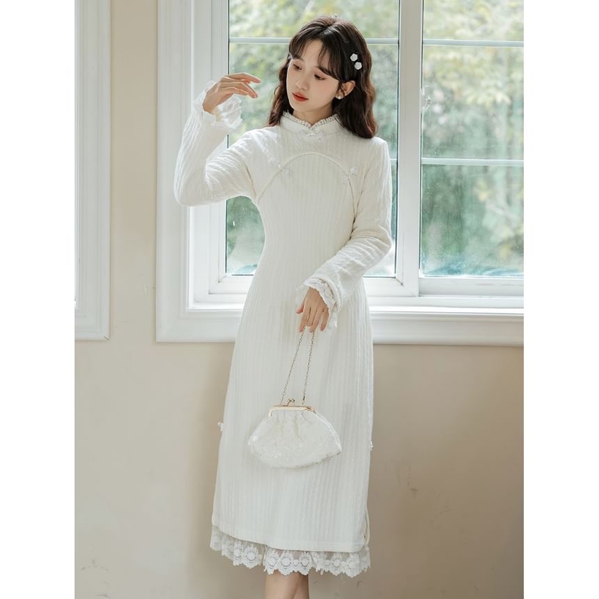 Long Sleeve Stand Collar Plain Lace Trim Ribbed Knitted Midi A-Line Dress SpreePicky