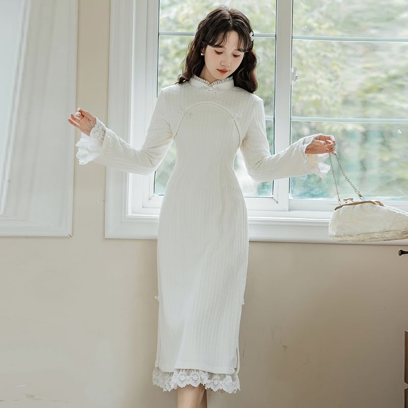 Long Sleeve Stand Collar Plain Lace Trim Ribbed Knitted Midi A-Line Dress SpreePicky