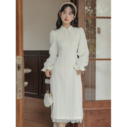 Long Sleeve Collared Embroidered Lace Trim Sheath Midi Dress SpreePicky