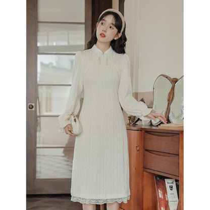 Long Sleeve Collared Embroidered Lace Trim Sheath Midi Dress SpreePicky