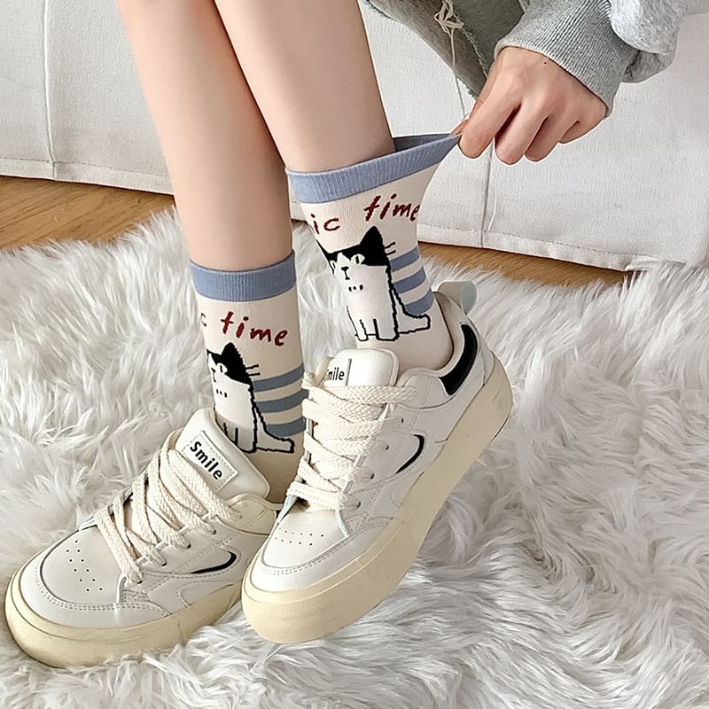 Cat Print Crew Socks SpreePicky