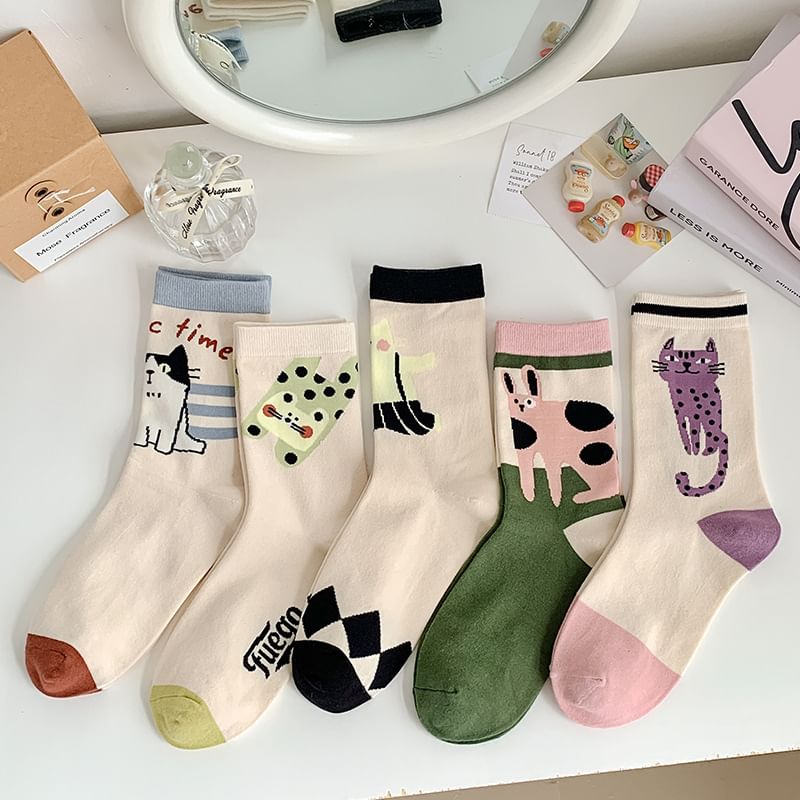 Cat Print Crew Socks SpreePicky