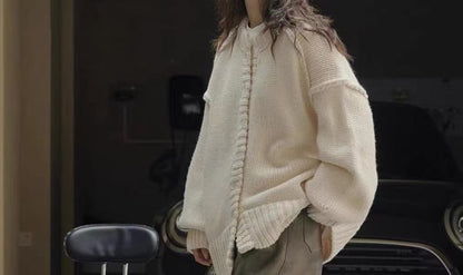 Oversized Stitched Round-Neck Cardigan SpreePicky