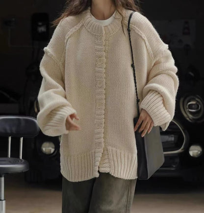 Oversized Stitched Round-Neck Cardigan SpreePicky