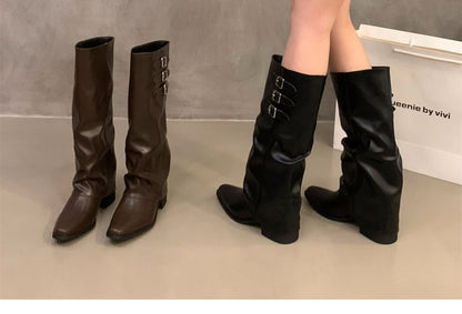 Block Heel Adjustable Buckled Tall Boots SpreePicky