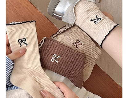 Bow Embroidered Ribbed Short Socks Set SpreePicky