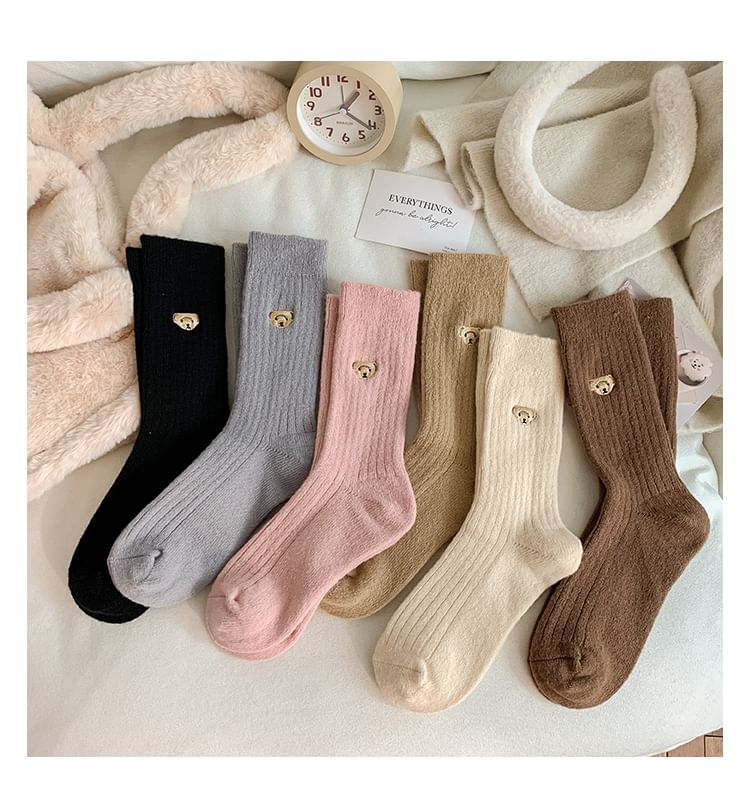 Bear Embroidered Ribbed Short Socks Set SpreePicky