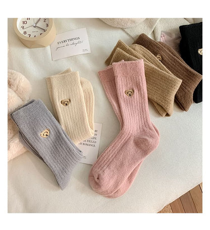 Bear Embroidered Ribbed Short Socks Set SpreePicky