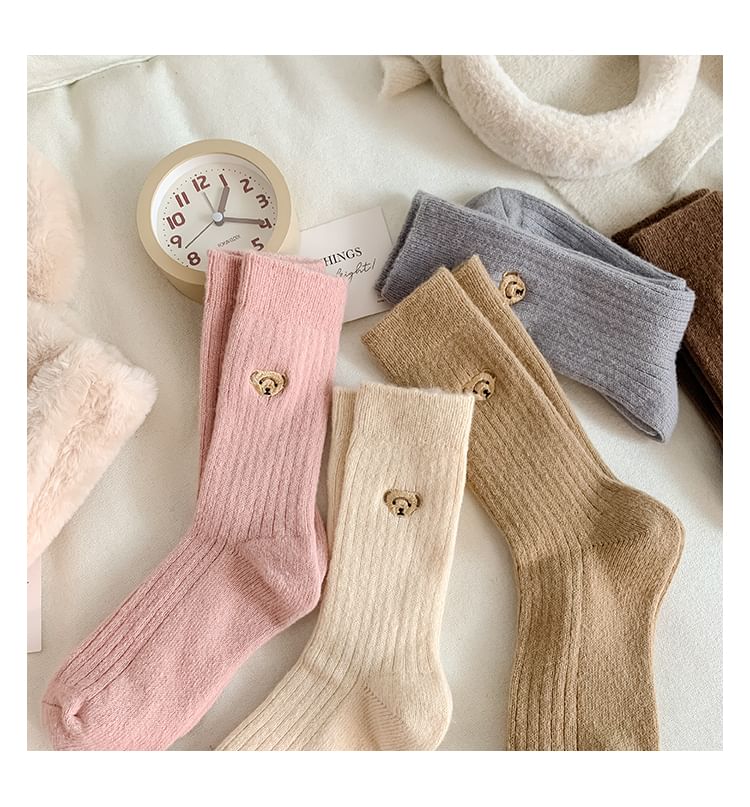 Bear Embroidered Ribbed Short Socks Set SpreePicky