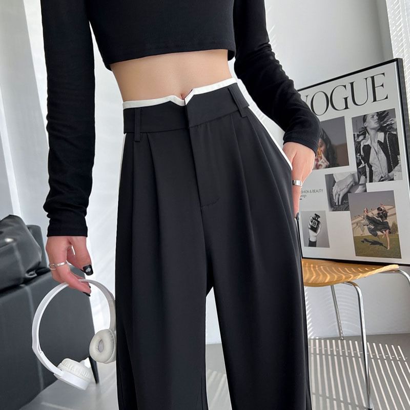 High Waist Contrast Trim Wide Leg Pants SpreePicky