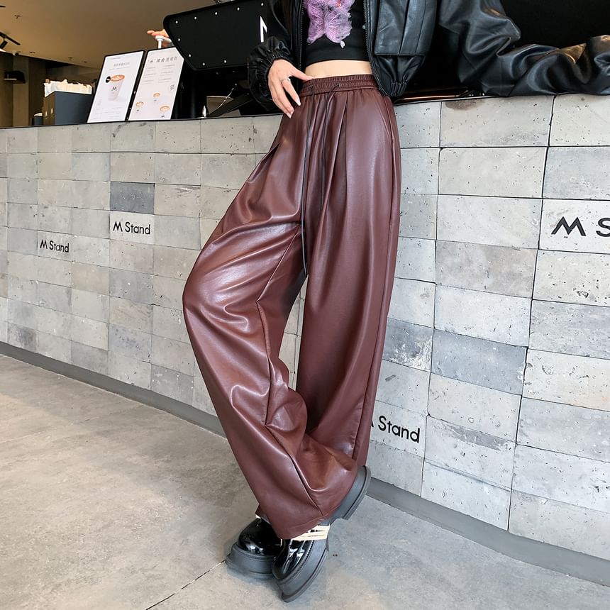 High Waist Faux Leather Wide Leg Pants SpreePicky