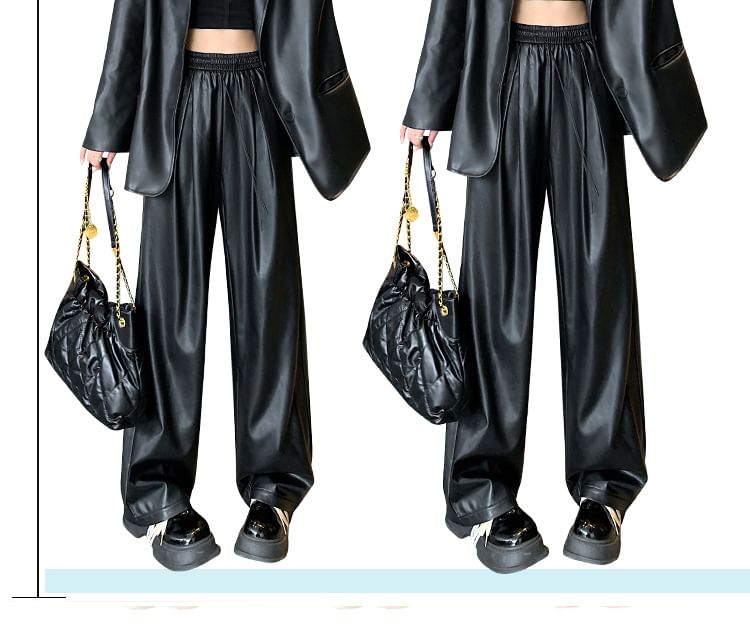 High Waist Faux Leather Wide Leg Pants SpreePicky